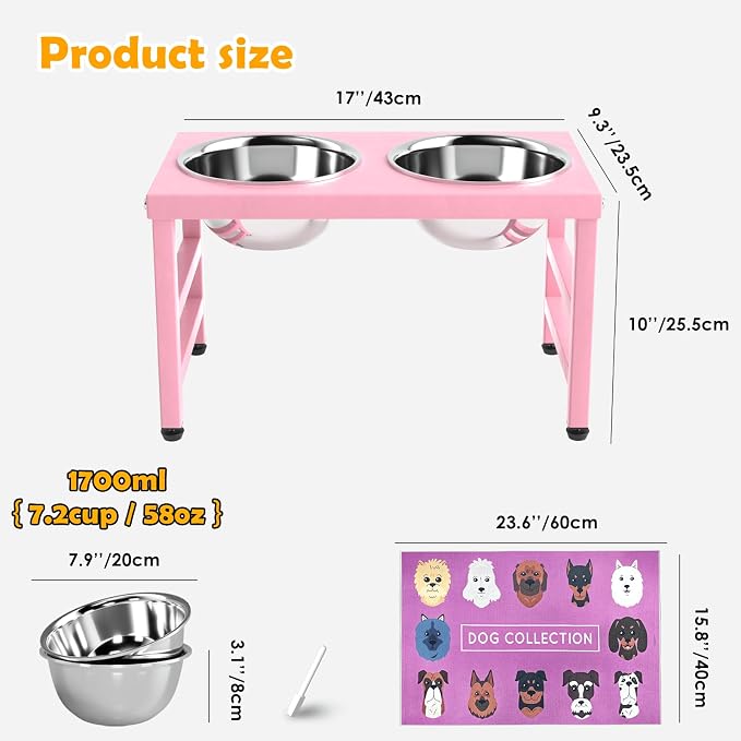 Raised Dog Bowl Stand 10 Inch Tall, Elevated Pet Feeder with 2 Stainless Steel Bowls (1700ml/58oz) & Anti-Spill Silicone Mat for Large Dogs, Stable Metal Frame Feeding Station, Pink - Image 3