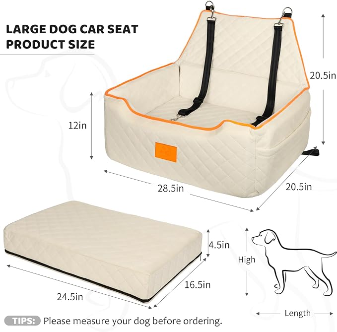 XIEEAOZEE Dog Car Seat for Large/Medium Pet Under 55Lbs or 2 Small Dogs | Detachable and Washable Booster Dog Seat Travel Pet Seat with Thick Cushion & Storage Pockets (Beige) - Image 2
