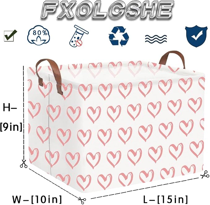 FXOLCSHE Rectangular Valentines Basket,baby Gift Baskets Empty,Pink Gift basket with Handle Organizer,Heart Print easter Baskets,Girl Room Decor(Pink hearts) - Image 7