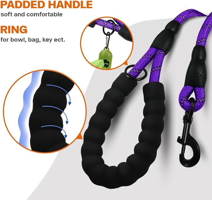 Taglory Rope Dog Leash for Medium Large Dogs, 4 FT Padded Handle, Purple | Climbing Rope for Strong Pullers, Reflective for Night Walks and Training, Comfortable Grip, Anti-tangle Swivel Clip 1/2 inch - Image 4