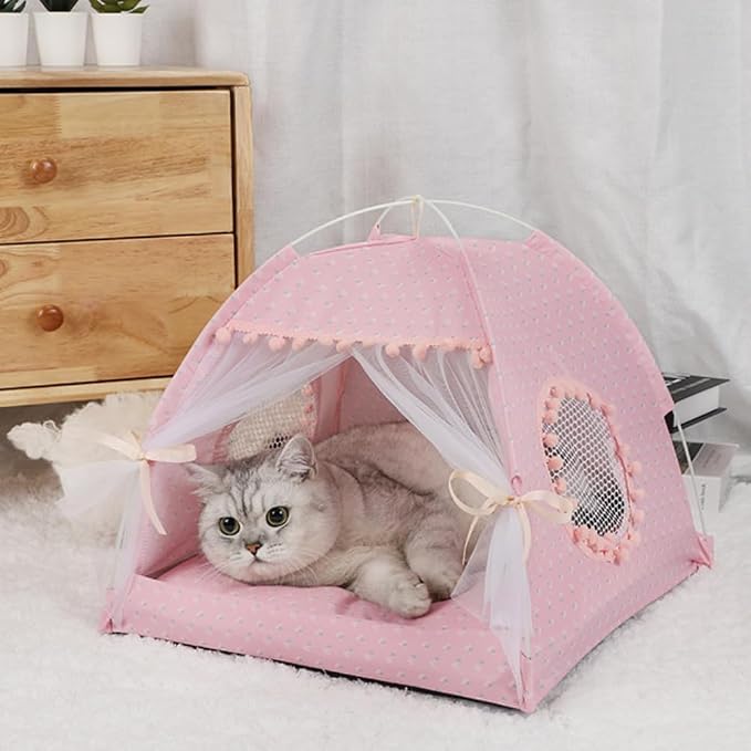 Selena Cat Bed Tents Dog House Indoor Outdoor Lace Mesh Breathable Windows Door Curtains Removable Portable Nest Teepe House (Medium,Pink(Flower)) by Unknown