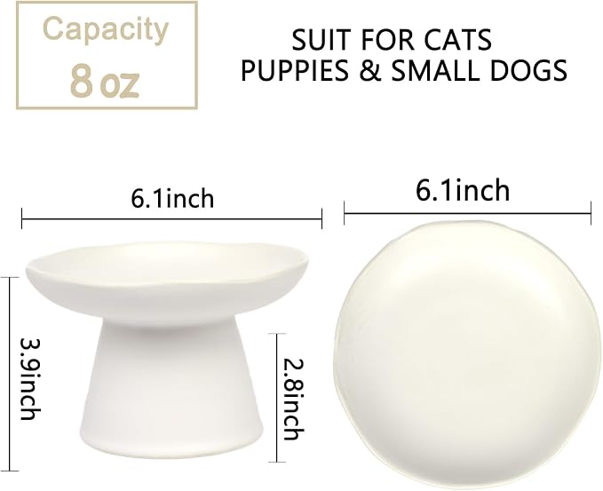 Extra Wide 6.1" Raised Cat Food Bowl, Shallow Ceramic Elevated Cat Feeder, Anti Vomiting, Stress Free, Whisker Fatigue, Pet Food or Water Bowl, White - Image 3