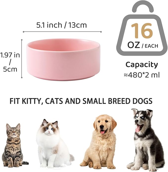 Ceramic Set of 2 Dog and Cat Bowls - Classic Food & Water Bowl for Kitty, Cats and Toy Breed Dogs, Weighted Dog Dishes, Food Grade Pet Bowl, Dishwasher & Microwave Safe (5.1'', 2*16OZ, Pink) - Image 3