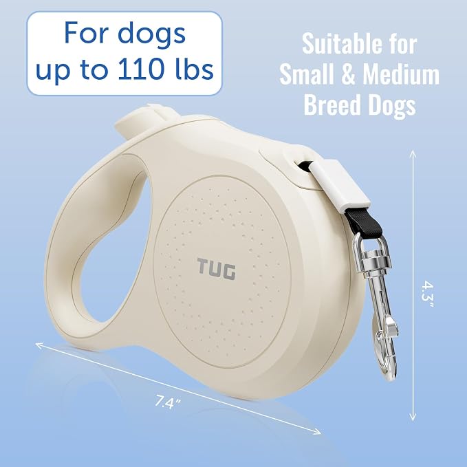 TUG Quest Retractable Dog Leash | 360° Tangle-Free Retraction | 16 ft Strong Nylon Tape (Large, Cream) - Image 4