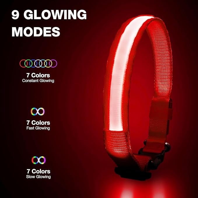 PcEoTllar Light up Dog Collar, Safe for Night Walking, Adjustable, Red, L | Colorful RGB Light, Waterproof, For Small Medium and Large Dogs, Durable Material, USB to Charge - Image 2