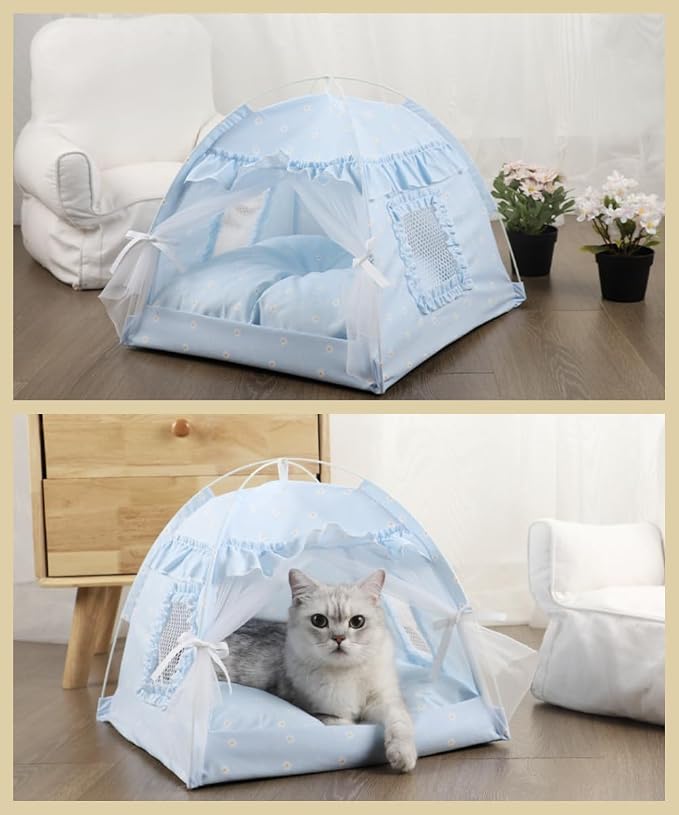 Selena Cat Bed Tents Dog House Indoor Outdoor Lace Mesh Breathable Windows Door Curtains Removable Portable Nest Teepe House (Medium,Blue) - Image 2