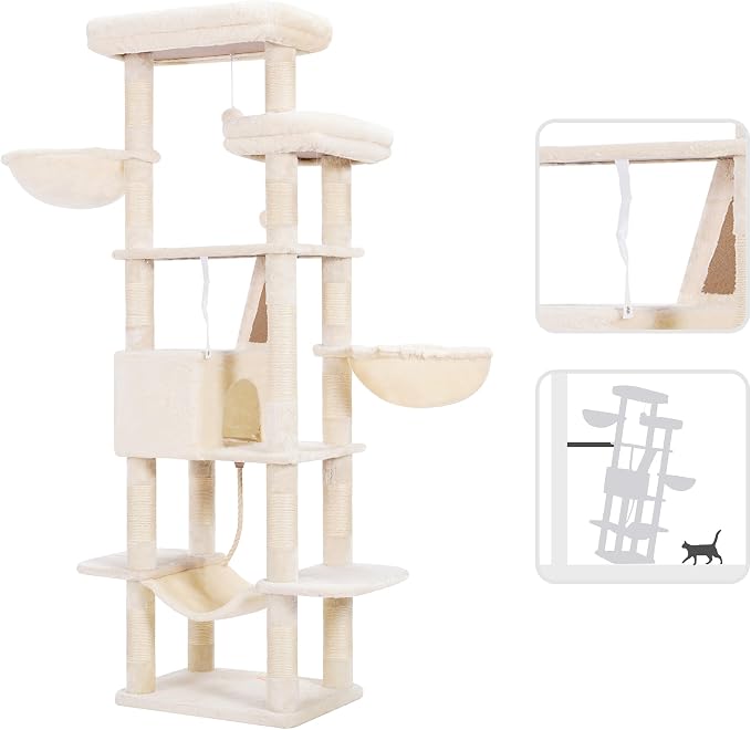 Heybly Cat Tree, 68 inch Multi-Level Cat Tower for Indoor Cats HCT025M | Cat Condo with 2 Widened Plush Perches, 2 Cozy Baskets, Scratching Board and Big Caves, Beige - Image 5