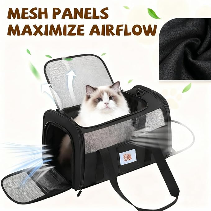 Soft Cat Carrier with Detachable Food Bowl,Pet Travel Bag (Up to 16 lbs) | Puppy Crate with Lockable Zippers,Airline Travel for Small Dog,Kitten,Animal,Breathable Mesh Kennel,Carrying Case,Black - Image 4