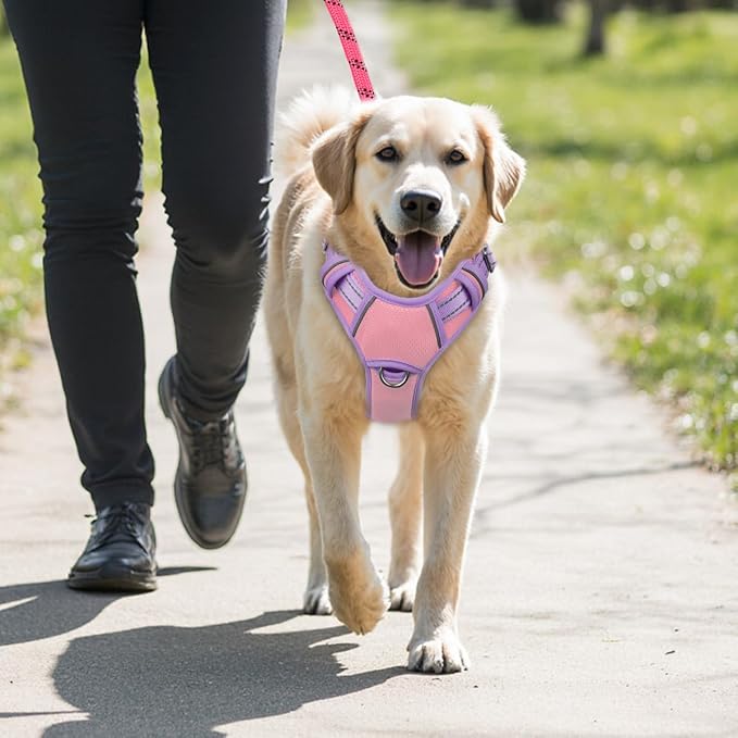 BARKBAY No Pull Dog Harness Large Reflective Dog Harness with Front Clip and Easy Control Handle for Walking Training Running with ID tag Pocket(Baby Pink & Violet Purple,XL) - Image 9