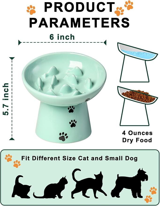 Y YHY Slow Feeder Cat Bowl, Ceramic Cat Slow Feeder Bowl, 6 Inches, Elevated, Anti Vomiting for Dry and Wet Food, Green - Image 3