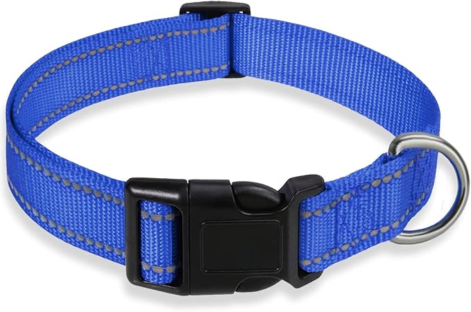 Reflective Dog Collar with Buckle Adjustable Safety Nylon Collars for Small Medium Large Dogs, Navy Blue L | No Chafing on Walks and Outdoor Hikes, Metal D-Ring, Night Safety by BOOMIBOO