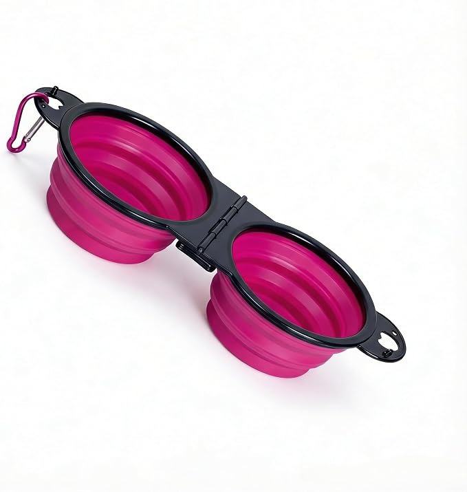 Double Collapsible Dog Bowls for Travel, Food and Water Set with Clip, Pink | 13.5 oz each, folds flat, carabiner clip, walking, hiking, camping, for small and medium pets - Image 4