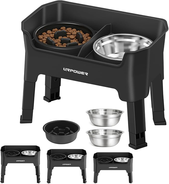 URPOWER Elevated Dog Bowls for Small Dogs, 3-in-1 Raised Stand | 4 Adjustable Heights, 1 Slow Feeder, 2 Stainless Steel Food Bowls, Mess Proof High Wall Splash Guard, Foldable Stand by URPOWER