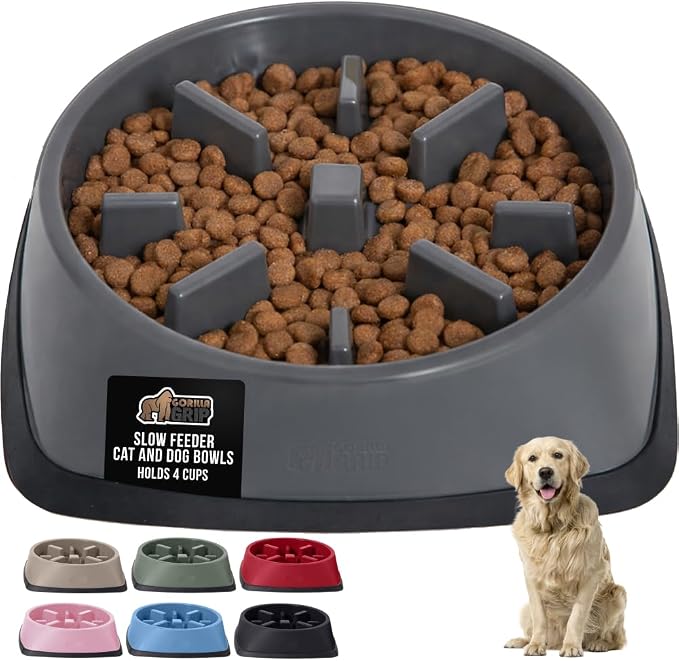 GORILLA GRIP® Patented Slow Feeder Dog and Cat Bowl, BPA Free, 4 Cup Gray | Interactive Puzzle Toy for Food Training Enrichment, Keeps Pets Busy and Prevents Puppy Overeating, All Breeds by Unknown