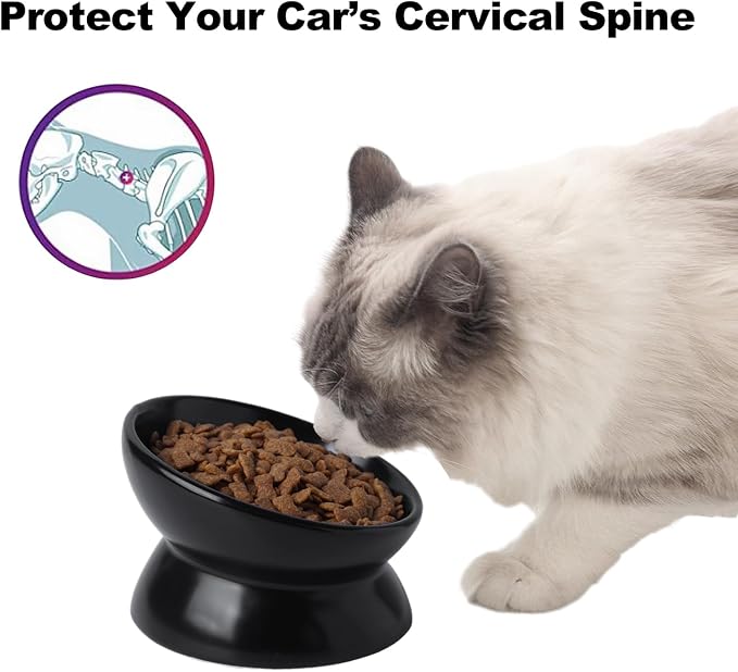Elevated Ceramic Cat Bowl, 15° Tilted Raised Food & Water Dishes, Anti-Vomiting & Neck Protection Pet Feeder for Kittens, Small Dogs (5.2", Black, 4pc Set) - Image 3