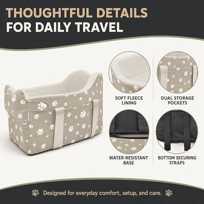 Dog Car Seat for Small Dogs (Under 15 lbs) – Center Console Pet Carrier with Safety Belt, Storage Pockets & Removable Washable Cover (Khaki Car Seat) - Image 7
