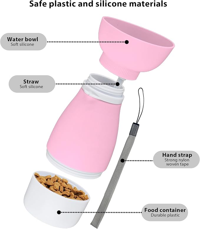 Portable Pet Water Bottle, Travel Water Food Container Pink | Silicone, Leakproof, Detachable Feeding Dish, Dog Cat, 2-in-1, Outdoors Feeding Drinking, Pet Essential, Park Outing, Beach - Image 4