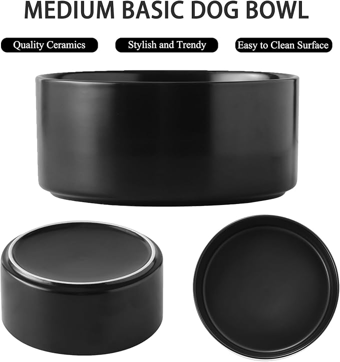 Ceramic Set of 2 Dog Bowls - Classic Dogs Food & Water Bowl for Small and Medium Breed, Heavy-Duty Non-Slip Dog Dishes, Food Grade Pet Bowl, Dishwasher & Microwave Safe (6'', 2*30OZ, Black) - Image 2