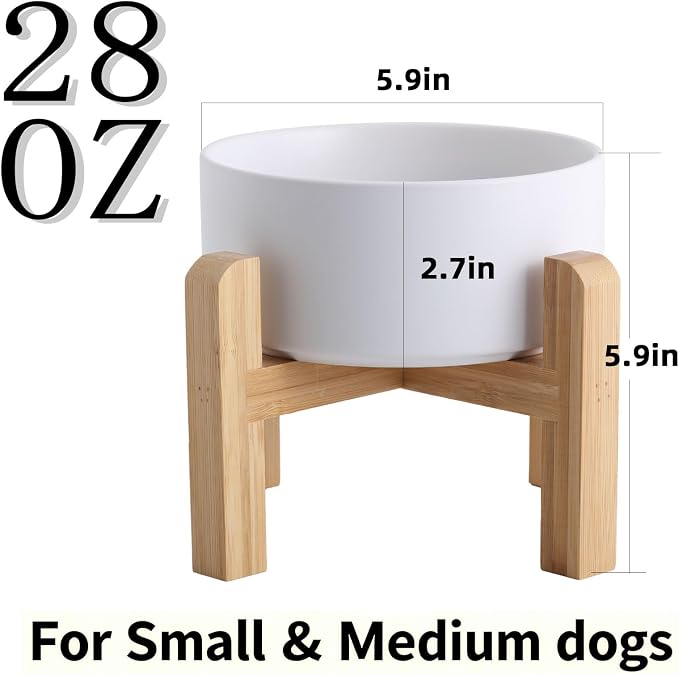 Elevated/Raised Ceramic Dog Bowl with Bamboo Stand，6 Inch 3.6 Cups Non Slip Heavy Weighted Single Pet Dish, for Small Medium Breed & Cats,Reduces Neck Strain White - Image 3
