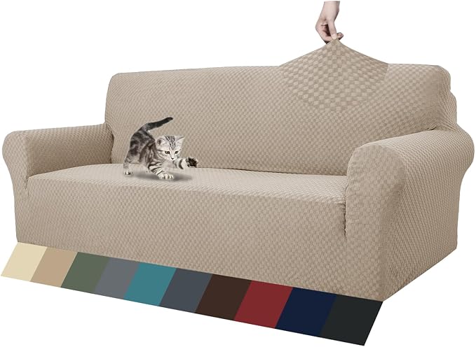 ZNSAYOTX 1 Piece Jacquard Couch Covers for 3 Cushion Couch Living Room High Stretch Sofa Cover Pets Dogs Friendly Anti Slip Thickened Slipcovers Furniture Protector (Sofa, Khaki) by ZNSAYOTX