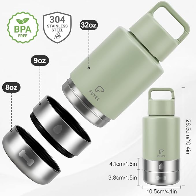 32oz 3-in-1 Dog Water Bottle Stainless Travel Cup with 2 Bowls,Green | 2 Detachable Food and Water Bowls | Leak Proof | Ideal Gift for Dog Lovers for |Pet Gear for Outdoors, Hiking, Parks - Image 8