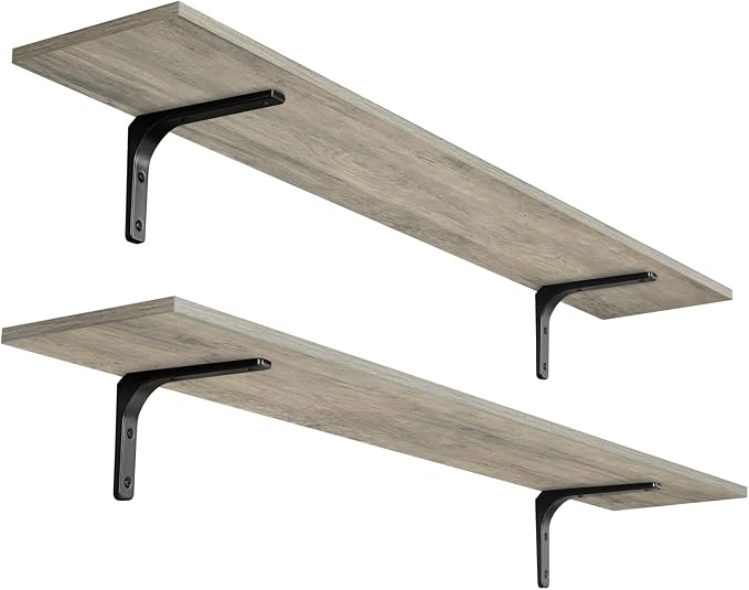 Long Wall Shelves, 47.3Inch Wooden Wall Mounted Shelves, Set of 2 | Large Floating Book Shelf with Metal Bracket, Easy Assembly, Max Load 33lbs, Wall Storage Ledges, Bedroom/Bathroom, Gray Wash by DINZILVJ