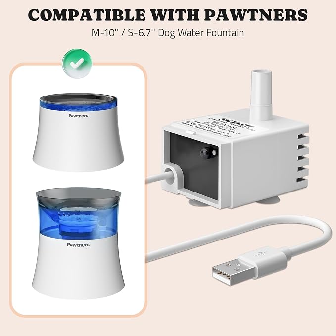 Pawtners Replacement Pump for 10in/6.7in Dog Fountain, Replacement Pump with Water Sensor & Indicator Light, Water Fountain for Cats Inside Ultra Quiet Water Pump,Easy to Disassemble & Clean - Image 2