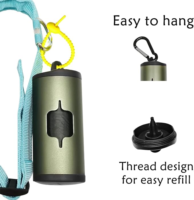 YUCHIYA Aluminum Dog Poop Bags Holder with Carabiner Metal Pet Waste Bags Dispenser with Hook and Loop Fastener and Elastic Cord to Carry Used Bags (Olive Green, 1 Holder 15 Bags) - Image 2