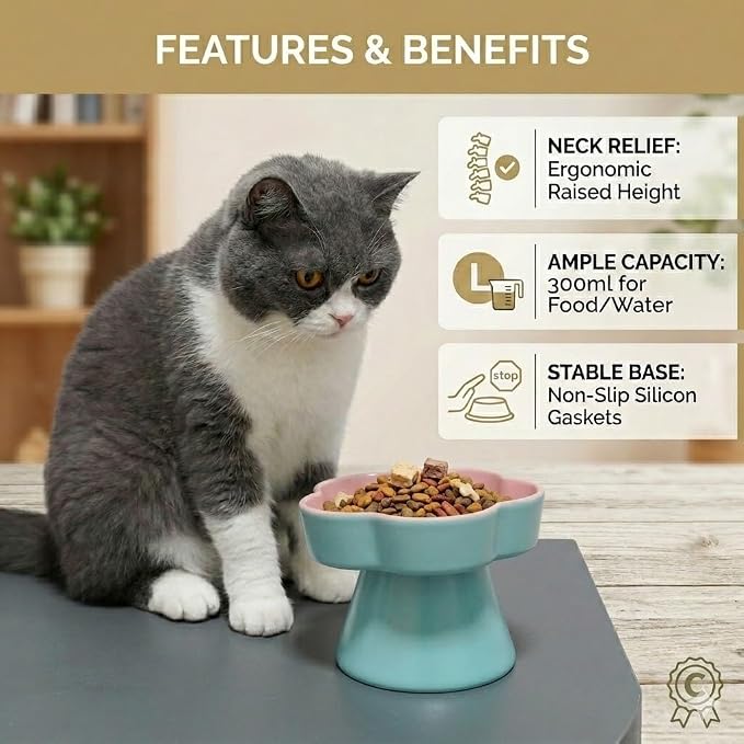 Elevated Ceramic Slow Feeder Cat Bowl, 15° Tilted Feeding Dish Helps Reduce Fast Eating and Vomiting, Whisker-Friendly Heavy Smooth Matte Ceramic, Dishwasher Safe (Blue/Pink) - Image 7