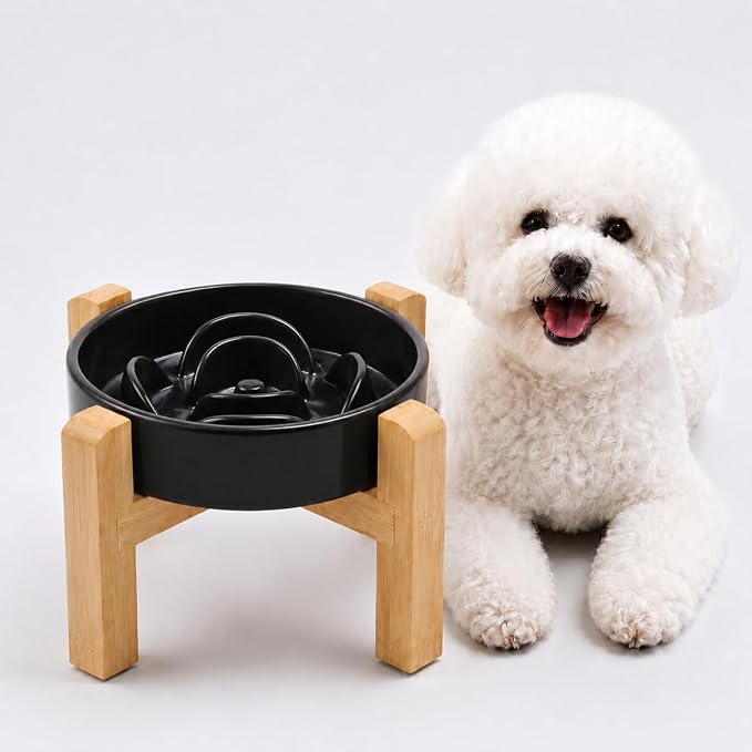Elevated Ceramic Slow Feeder Dog Bowls Anti-Choking Slow Feeding for Small&Medium Size Anti-Slip Non-Lead & Toxic Durable Easy to Clean Maze Slow Feeder Bowl（8.26in Black Flower Pattern） by addggo
