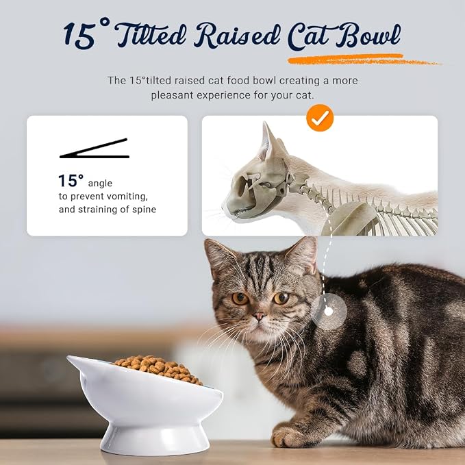 Raised Ceramic Cat Food Bowl - 15 Tilted, Spine Protection, Anti-Vomiting, Backflow Prevention for Adult Cats, Kittens, and Small Dogs (Blue Face) - Image 3