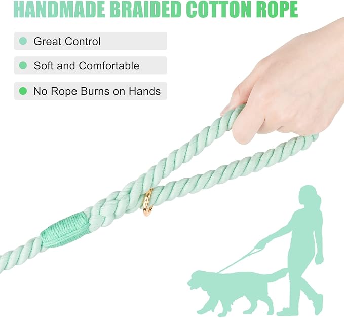 6 FT Handmade Rope Dog Leash for Small Medium and Large Dogs | Soft and Comfortable Grip, New Golden Heavy Duty Metal Clasp, Light Green - Image 3