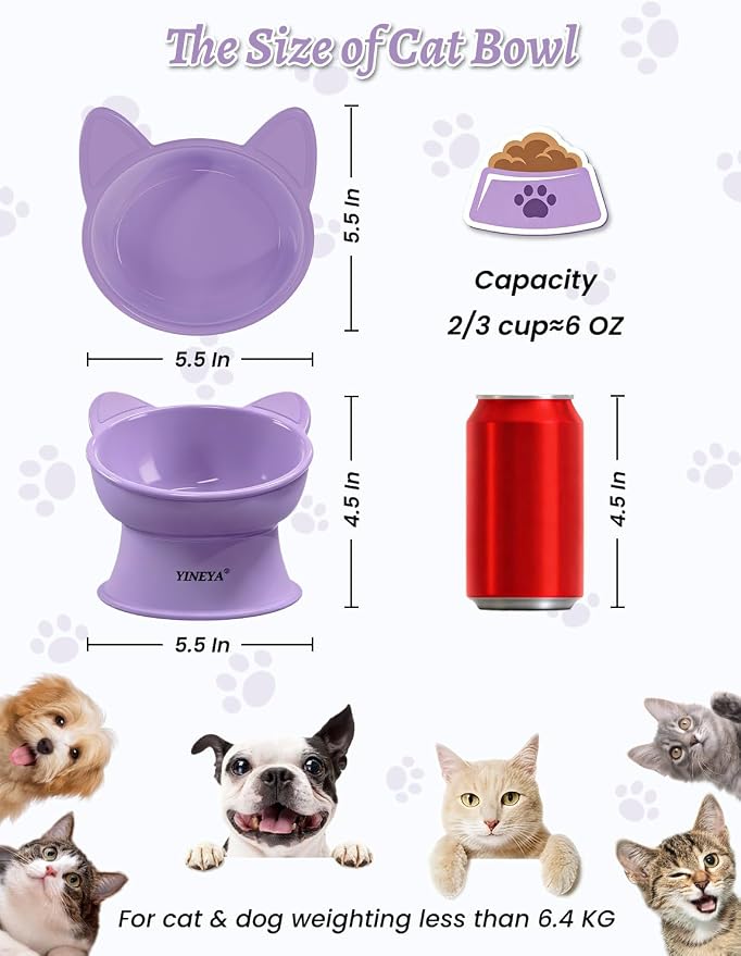 YINEYA Elevated Cat Bowls 2 Pcs, Cat Food Bowl to Protect Neck & Anti-Vomit, Whisker-Friendly Raised Food and Water Bowls Set for Indoor Cats/Small Dogs, Cute Pet Feeding Bowl 6 OZ Each, Purple&Cyan - Image 4