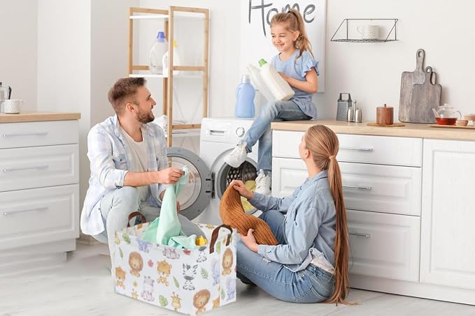 Rectangular Kids Storage Bins,Baby Baskets Organizer.Waterproof PE Coating Cute Basket with Handles.Woodland Nursery Decor,Toys Box,Books Basket, (Cute Animal) - Image 2