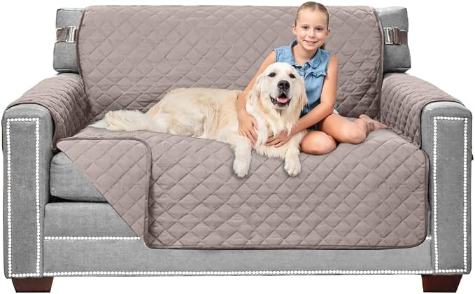 Sofa Shield® Couch Loveseat Slip Cover for Dogs with Strap, Light Taupe | Reversible Furniture Protector, Stain and Tear Resistant Cushion Cover, Machine Washable Slipcover for Pets, Cats 70 inch by SofaShield
