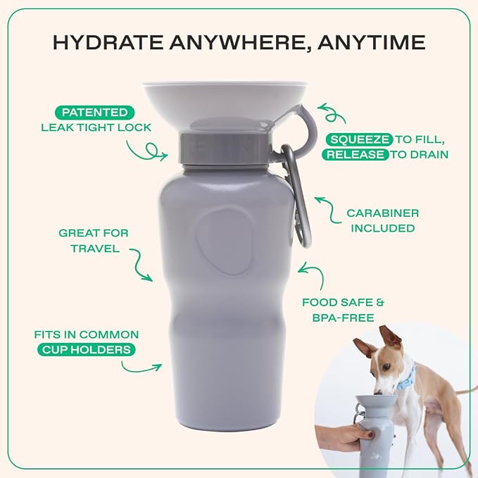 Springer Dog Water Bottle | Portable Travel Drinking Feeder Dispenser for Dogs & Puppies | As Seen on Shark Tank | Leak-Proof Bowl | BPA-Free | Outdoor Walking, Hiking & Travel | 22oz Gray - Image 3