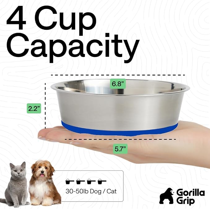 GORILLA GRIP Dog Bowls, Food Grade Stainless Steel, Set of 2, 4 Cup, Blue | 304 Stainless Steel Pet Feeding Bowls Hold 32 fl oz Each, Dishwasher Safe, Rust Resistant, BPA Free Rubber Base - Image 4