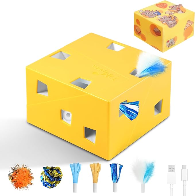 Migipaws MigiBox Cat Toy with PopSkin, Interactive Kitten Toy for Indoor Cats, Automatic Pop Out Feathers from 12 Holes Randomly, Pounce Mystery Under Cover to Stimulate Bored Furry, Rechargable by MigipawsCreateMoreEnjoymenttoPetsandFamily
