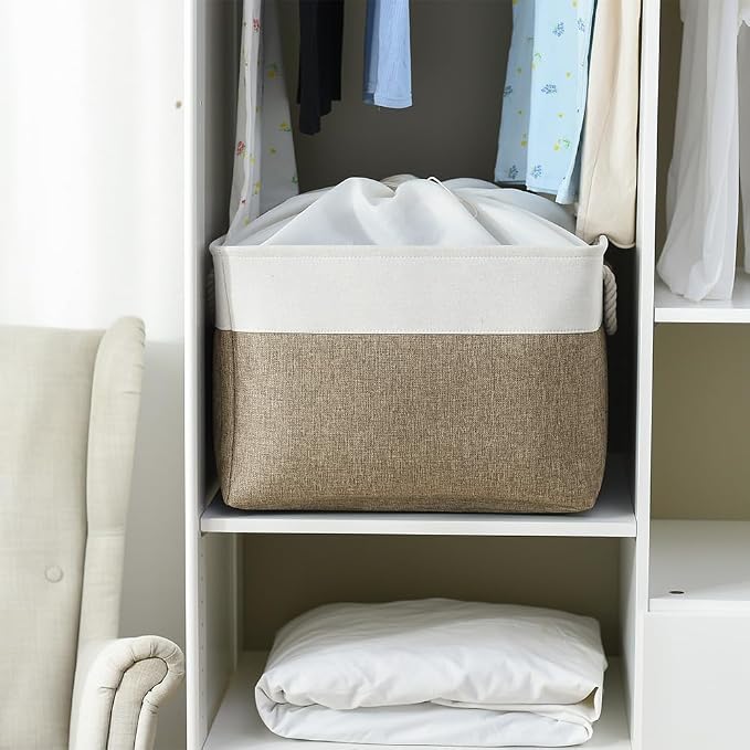 TheWarmHome Organization Basket - 20x16x14 inch Jumbo 3 Pack Collapsible Storage Bins for Shelves, Fabric Storage Cubes for Closet Organizer Gift Toy (White & Khaki) - Image 2
