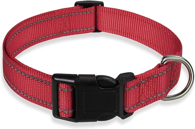 Reflective Dog Collar, Puppy Collar with Buckle Adjustable, Red XS | Breathable Nylon Collars for Small Medium Large Dogs, No Chafing on Walks and Outdoor Hikes, Metal D-Ring, Night Safety by BOOMIBOO