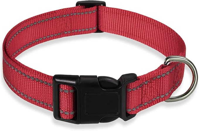 Reflective Dog Collar, Puppy Collar with Buckle Adjustable, Red XXS | Breathable Nylon Collars for Small Medium Large Dogs, No Chafing on Walks and Outdoor Hikes, Metal D-Ring, Night Safety by BOOMIBOO