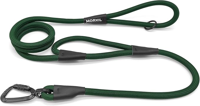 Rope Dog Leash with Two Handles, 6 Foot Heavy Duty Dog Leash with Aviation Aluminum Auto Locking Carabiner, Strong Nylon Pet Lead for Small, Medium, Large Dogs, Dark Green, 6FT-Two Handle by MORXIL