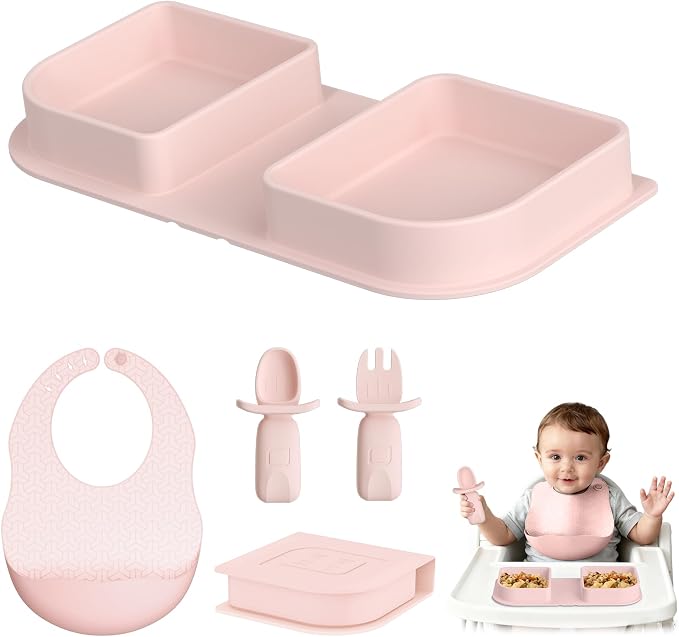 Pink Silicone Foldable Baby Feeding Set, Baby Travel Essential Including Toddler Plates, Spoon&Fork, Adjustable Foldable Bib, Portable Infant Toddler Utensils by Cathill