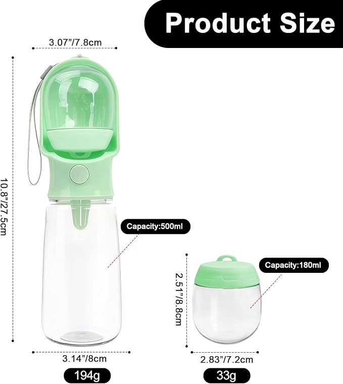 Green Large Portable Dog Water Bottle with Food Container | Travel Dog Water Bowl(500ml),Food Container(180ml),Leak-Proof,2-in-1 Pet Essential Outdoor Supplies for Walks Hikes Campsites - Image 6