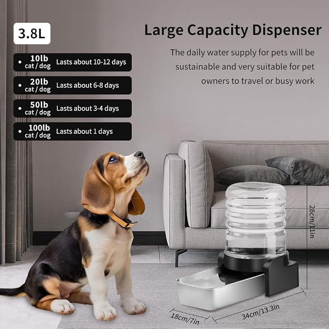 Marchul 1 Gallon Cat Water Dispenser, Automatic Gravity Dog Water Bowl Dispenser with 3 Filters, Stainless Steel Large Capacity Cat Waterer for Cats and Small Dogs (3 Filters) 3.8L - Image 2