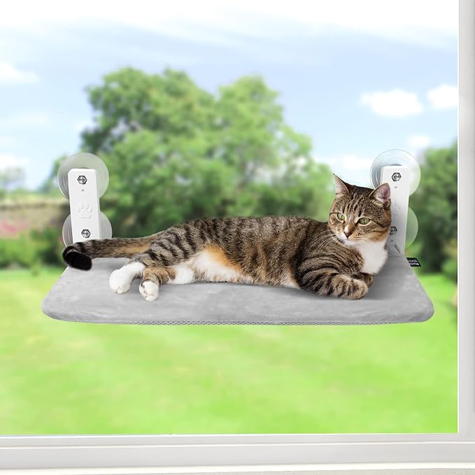 Sunhoo Cat Window Hammock Perch Cordless Perches Window Sill Seat Bed Foldable Stable Lounger Upgraded Suction Cup Easy Assembly Indoor Cats Kitty Shelf Hold Up to 55lbs（Grey,S by Sunhoo