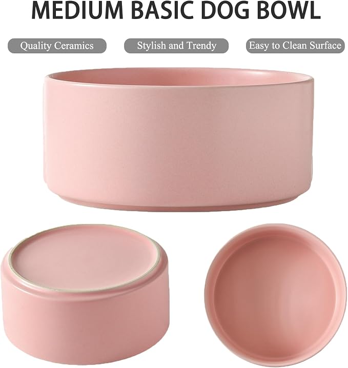 Ceramic Set of 2 Dog Bowls - Classic Dogs Food & Water Bowl for Small and Medium Breed, Heavy-Duty Non-Slip Dog Dishes, Food Grade Pet Bowl, Dishwasher & Microwave Safe (6'', 2 * 30OZ, Pink) - Image 2