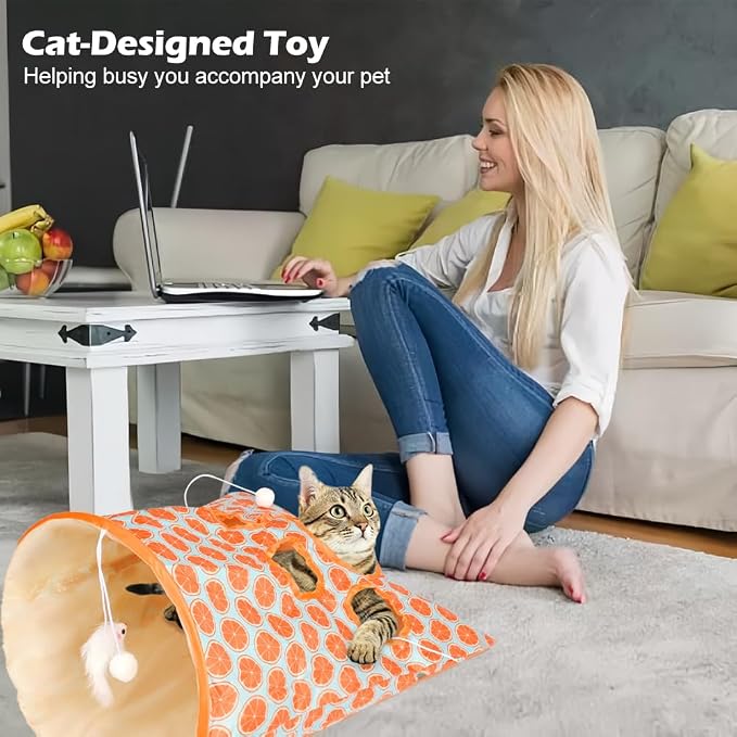 SYCOOVEN Cat Tunnel Bag for Indoor Cats, Pet Collapsible Tunnel Crinkle Sack Bag with 1 Little Mouse & Toy Ball, Crinkle Paper Interactive Cat Toys Hide and Seek(Orange Pattern) - Image 3