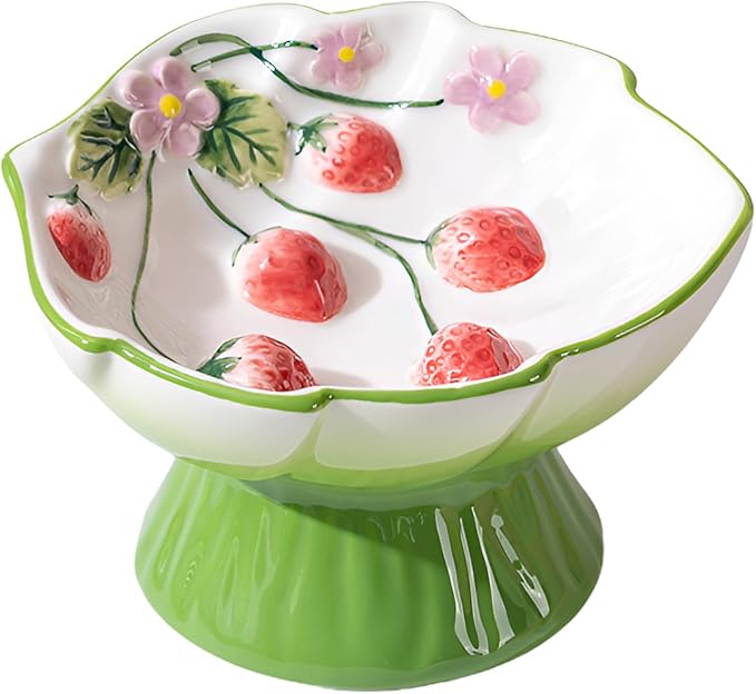 Strawberry Blooms Elevated Ceramic Cat Bowl, Green | Raised Cat Food Bowl with 15° Tilt, Whisker-Friendly Pet Feeding Bowl, Anti-Choking Dish, Dishwasher Safe by PawsPik