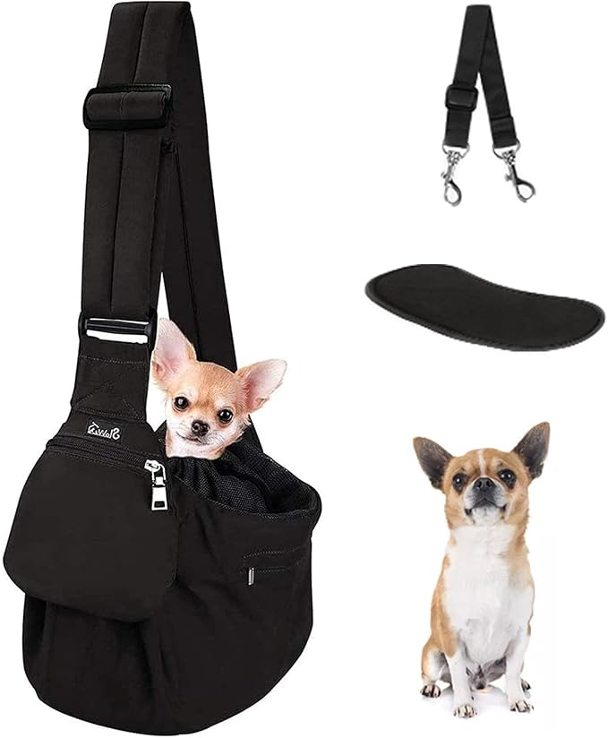 Lukovee Pet Sling, Small Pet Carrier, Hard Bottom Support & Safety Hook | Adjustable Drawstring Opening, Comfortable Padded Shoulder Strap, Zipper Pocket, Dog Slings Purse for Small Dog Cat ,Black-BN by Lukovee
